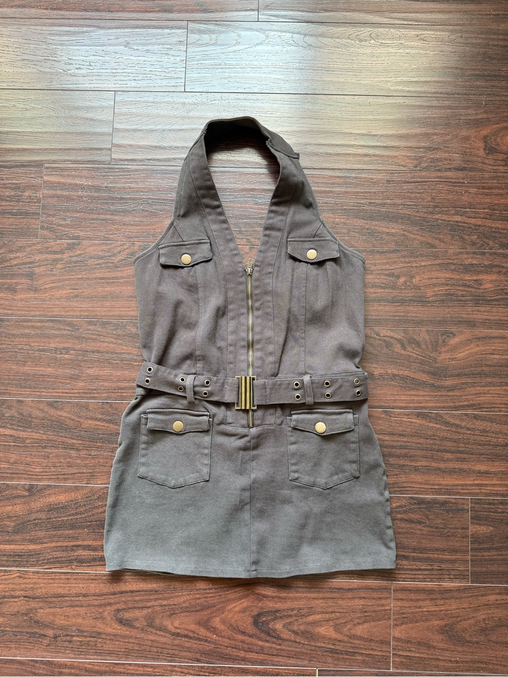 Fashion Nova Olive Green Zip-Front Halter Dress